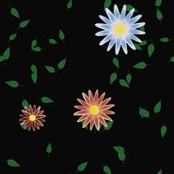 Abstrakta Blommor Med Gröna Blad Sömlös Mönster Vektor Illustration — Stock vektor