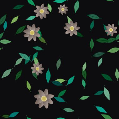 Yeşil yapraklı soyut çiçekler pürüzsüz desen, vektör çizimi