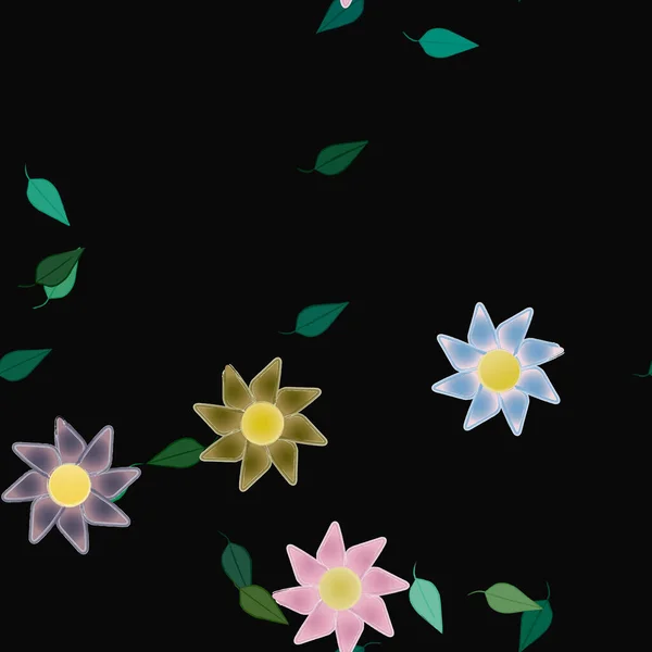 Flores Abstractas Con Hojas Verdes Patrón Sin Costura Ilustración Vectorial — Vector de stock