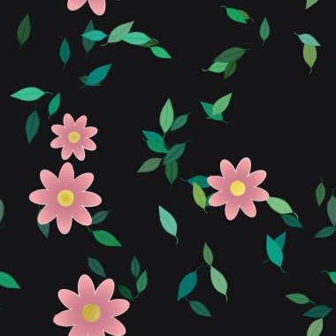 Yeşil yapraklı soyut çiçekler pürüzsüz desen, vektör çizimi