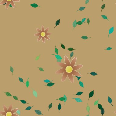 Yeşil yapraklı soyut çiçekler pürüzsüz desen, vektör çizimi