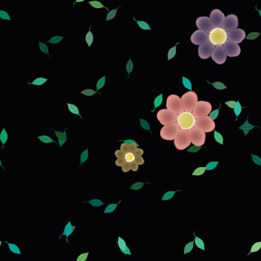 Yeşil yapraklı soyut çiçekler pürüzsüz desen, vektör çizimi