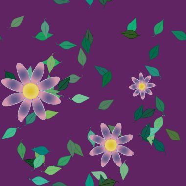 Yeşil yapraklı soyut çiçekler pürüzsüz desen, vektör çizimi