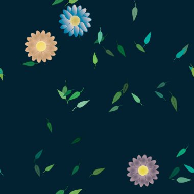 Yeşil yapraklı soyut çiçekler pürüzsüz desen, vektör çizimi