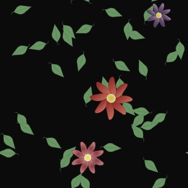 Yeşil yapraklı soyut çiçekler pürüzsüz desen, vektör çizimi