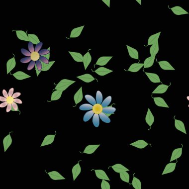 Yeşil yapraklı soyut çiçekler pürüzsüz desen, vektör çizimi