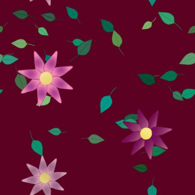 Yeşil yapraklı soyut çiçekler pürüzsüz desen, vektör çizimi