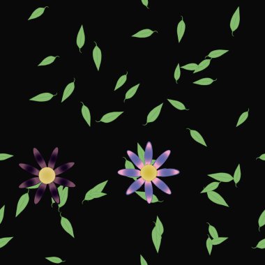 Yeşil yapraklı soyut çiçekler pürüzsüz desen, vektör çizimi