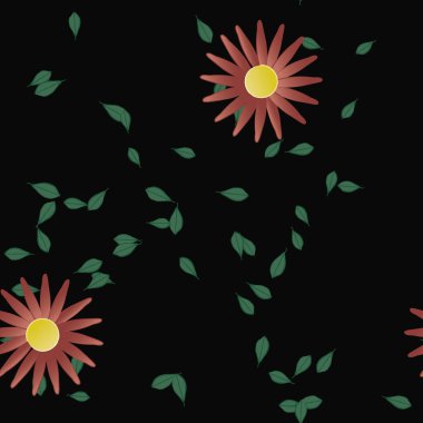 Yeşil yapraklı soyut çiçekler pürüzsüz desen, vektör çizimi