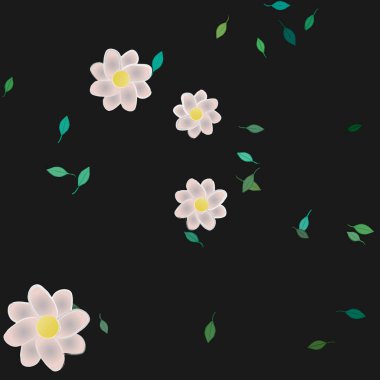 Serbest kompozisyonda yeşil yapraklı basit çiçekler, vektör illüstrasyonu