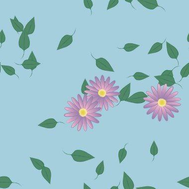 Serbest kompozisyonda yeşil yapraklı basit çiçekler, vektör illüstrasyonu