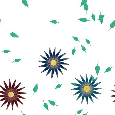 Serbest kompozisyonda yeşil yapraklı basit çiçekler, vektör illüstrasyonu