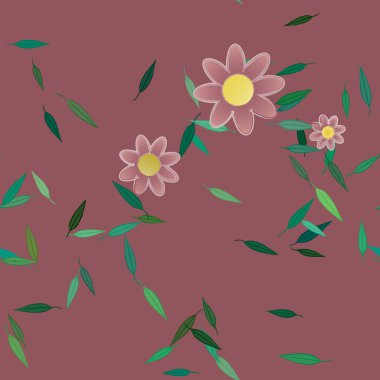 Serbest kompozisyonda yeşil yapraklı basit çiçekler, vektör illüstrasyonu