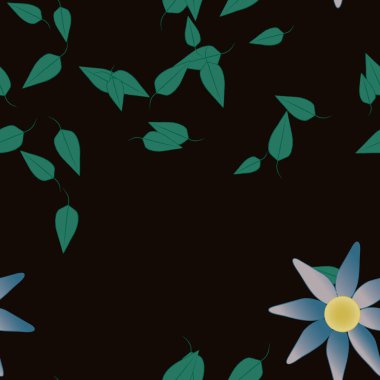 Serbest kompozisyonda yeşil yapraklı basit çiçekler, vektör illüstrasyonu