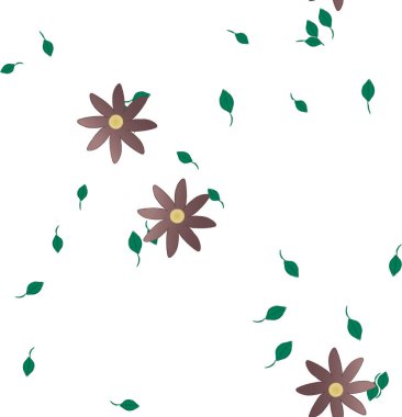 Serbest kompozisyonda yeşil yapraklı basit çiçekler, vektör illüstrasyonu