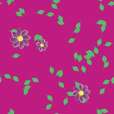 Serbest kompozisyonda yeşil yapraklı basit çiçekler, vektör illüstrasyonu