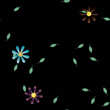 Serbest kompozisyonda yeşil yapraklı basit çiçekler, vektör illüstrasyonu