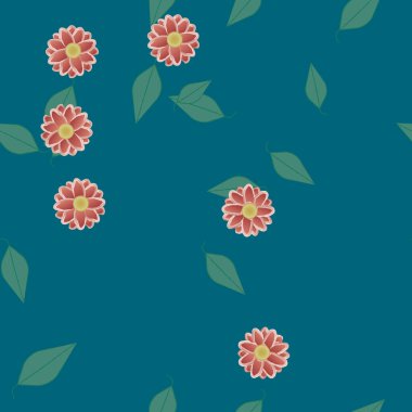 Serbest kompozisyonda yeşil yapraklı basit çiçekler, vektör illüstrasyonu