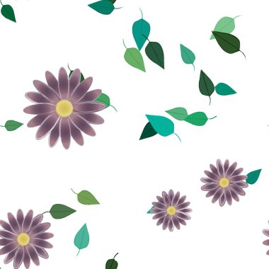 Serbest kompozisyonda yeşil yapraklı basit çiçekler, vektör illüstrasyonu