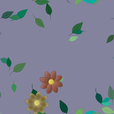 Serbest kompozisyonda yeşil yapraklı basit çiçekler, vektör illüstrasyonu