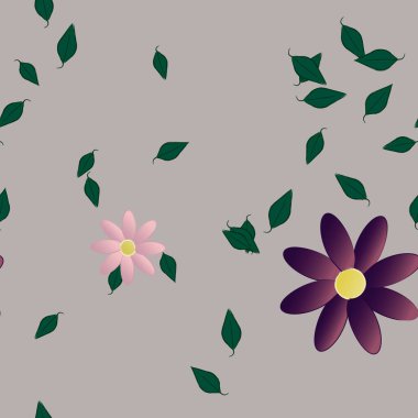 Serbest kompozisyonda yeşil yapraklı basit çiçekler, vektör illüstrasyonu