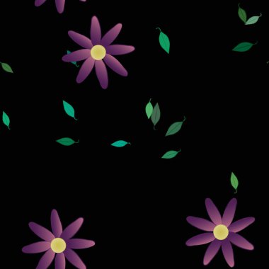 Serbest kompozisyonda yeşil yapraklı basit çiçekler, vektör illüstrasyonu