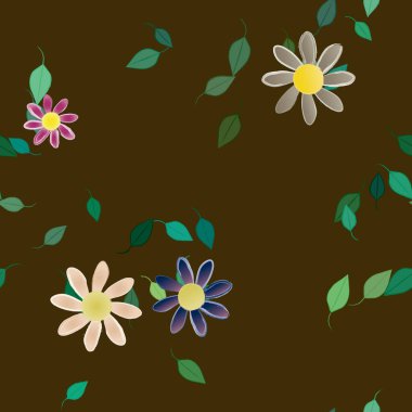 Serbest kompozisyonda yeşil yapraklı basit çiçekler, vektör illüstrasyonu