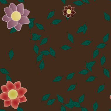 Serbest kompozisyonda yeşil yapraklı basit çiçekler, vektör illüstrasyonu