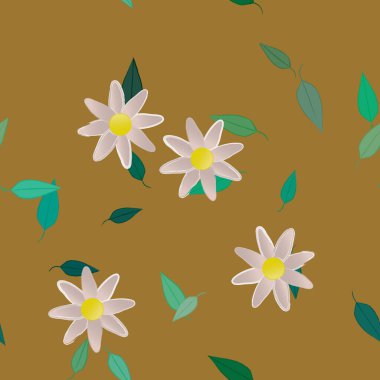 Serbest kompozisyonda yeşil yapraklı basit çiçekler, vektör illüstrasyonu