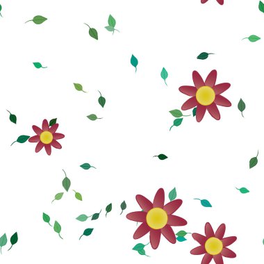 Serbest kompozisyonda yeşil yapraklı basit çiçekler, vektör illüstrasyonu