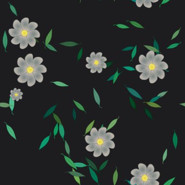 Serbest kompozisyonda yeşil yapraklı basit çiçekler, vektör illüstrasyonu