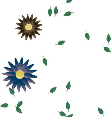 Serbest kompozisyonda yeşil yapraklı basit çiçekler, vektör illüstrasyonu