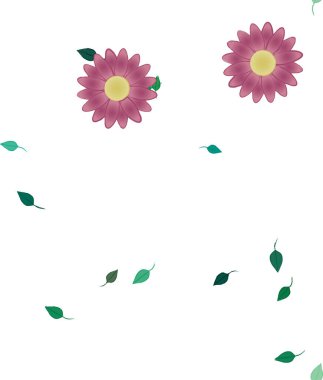 Serbest kompozisyonda yeşil yapraklı basit çiçekler, vektör illüstrasyonu