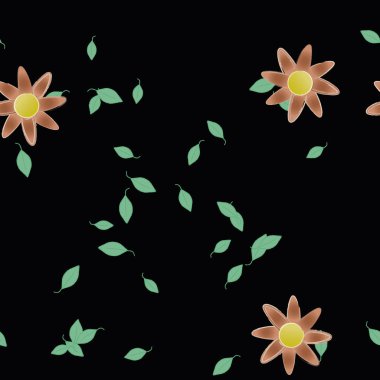 Serbest kompozisyonda yeşil yapraklı basit çiçekler, vektör illüstrasyonu