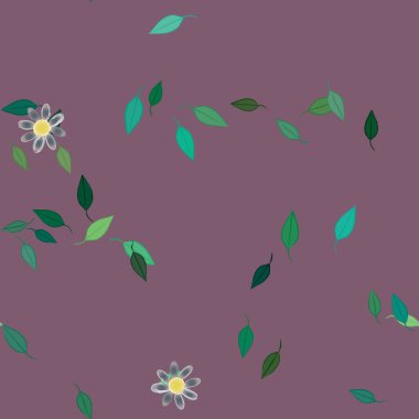 Serbest kompozisyonda yeşil yapraklı basit çiçekler, vektör illüstrasyonu