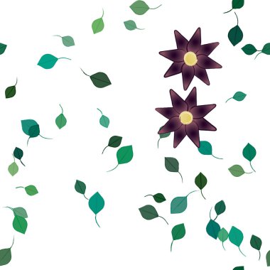 Serbest kompozisyonda yeşil yapraklı basit çiçekler, vektör illüstrasyonu