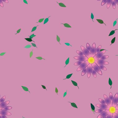 Serbest kompozisyonda yeşil yapraklı basit çiçekler, vektör illüstrasyonu