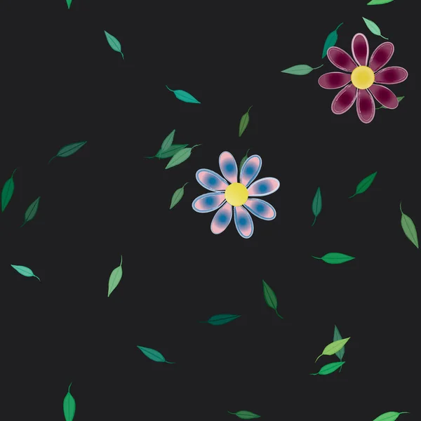 Flores Simples Con Hojas Verdes Composición Libre Ilustración Vectorial — Vector de stock