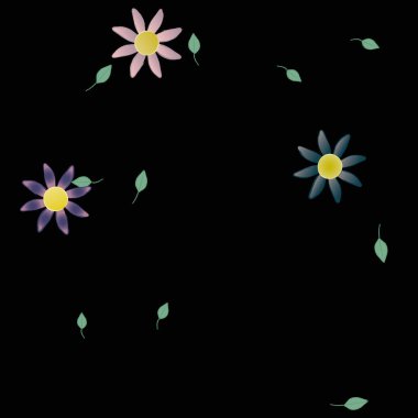 Serbest kompozisyonda yeşil yapraklı basit çiçekler, vektör illüstrasyonu