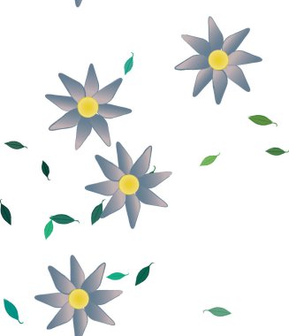 Serbest kompozisyonda yeşil yapraklı basit çiçekler, vektör illüstrasyonu