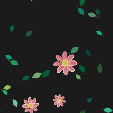 Serbest kompozisyonda yeşil yapraklı basit çiçekler, vektör illüstrasyonu