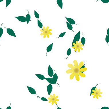 Serbest kompozisyonda yeşil yapraklı basit çiçekler, vektör illüstrasyonu