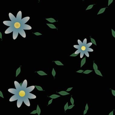 Serbest kompozisyonda yeşil yapraklı basit çiçekler, vektör illüstrasyonu