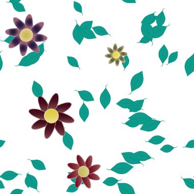 Serbest kompozisyonda yeşil yapraklı basit çiçekler, vektör illüstrasyonu