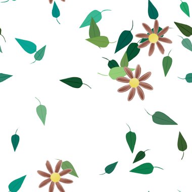 Serbest kompozisyonda yeşil yapraklı basit çiçekler, vektör illüstrasyonu