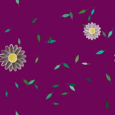 Serbest kompozisyonda yeşil yapraklı basit çiçekler, vektör illüstrasyonu