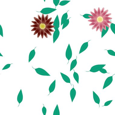 Serbest kompozisyonda yeşil yapraklı basit çiçekler, vektör illüstrasyonu