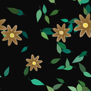 Serbest kompozisyonda yeşil yapraklı basit çiçekler, vektör illüstrasyonu