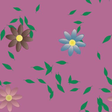 Serbest kompozisyonda yeşil yapraklı basit çiçekler, vektör illüstrasyonu