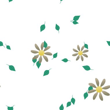 Serbest kompozisyonda yeşil yapraklı basit çiçekler, vektör illüstrasyonu